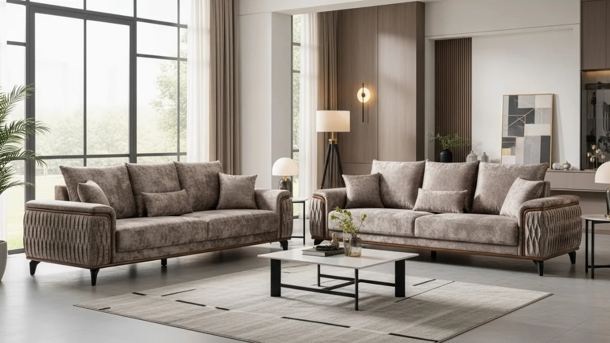 Bộ sofa nguyên set cao cấp nhập khẩu da bò màu xám, thiết kế hiện đại, sang trọng