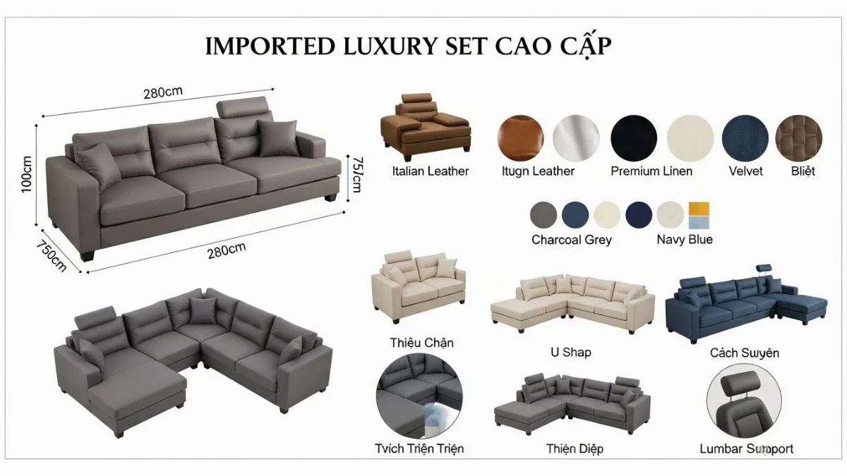 Phòng khách sang trọng với sofa nguyên set cao cấp nhập khẩu và bàn trà hiện đại
