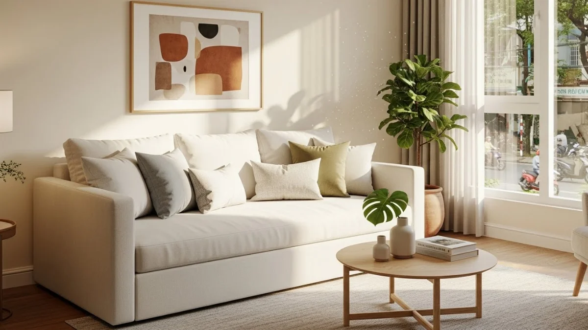 Sofa bed góc L màu xám hiện đại mở ra thành giường đôi lớn cho căn hộ nhỏ