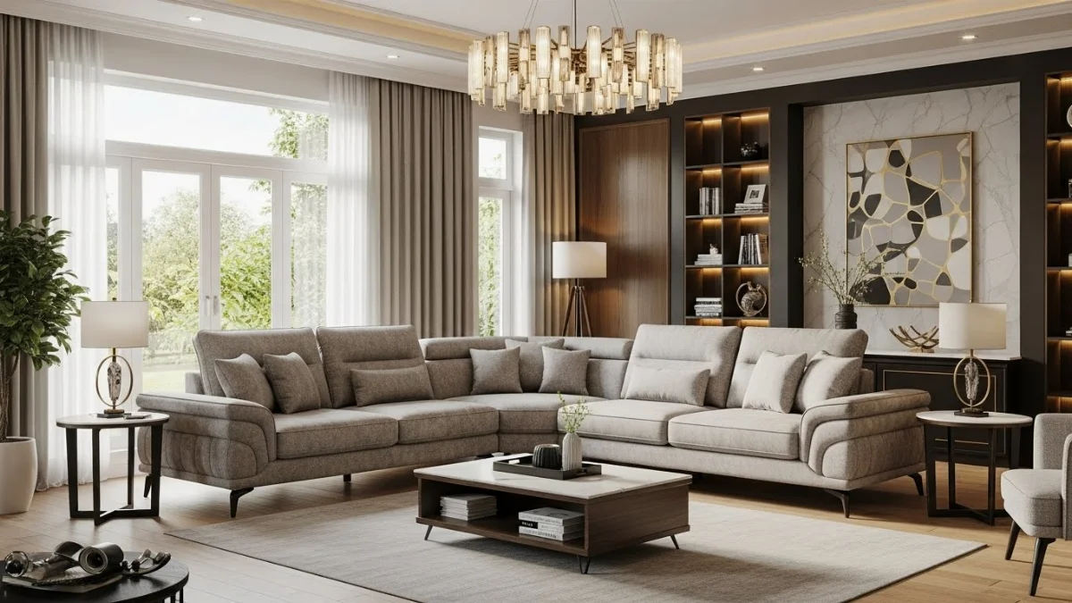 Sofa góc L nhập khẩu cao cấp màu kem kiểu dáng hiện đại cho phòng khách biệt thự