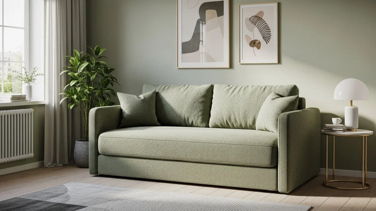 Sofa đơn nhỏ gọn màu xám đặt trong căn hộ chung cư mini với không gian vừa vặn