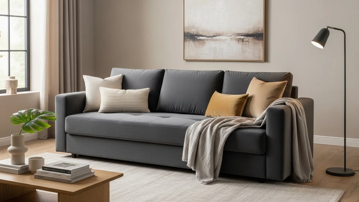 Sofa bed đa năng màu ghi xám kiểu góc L mở rộng thành giường cỡ lớn