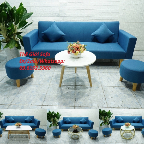 BỘ BÀN GHẾ SOFA BED CÓ TAY VỊN MÀU XANH DƯƠNG​​​​​​​ 