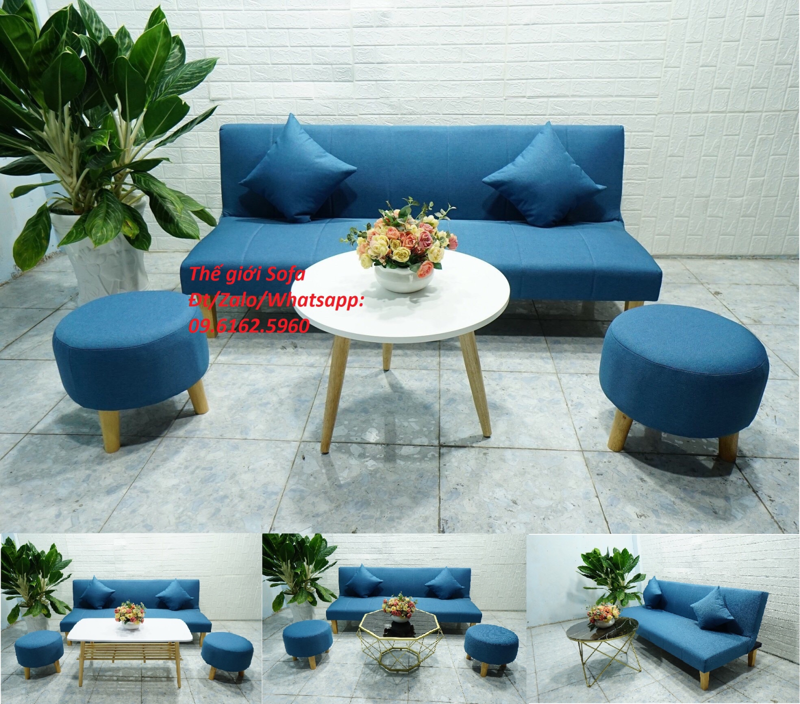 BỘ GHẾ SOFA BED KIỂU TRƠN MÀU XANH DƯƠNG​​​​​​​ 
