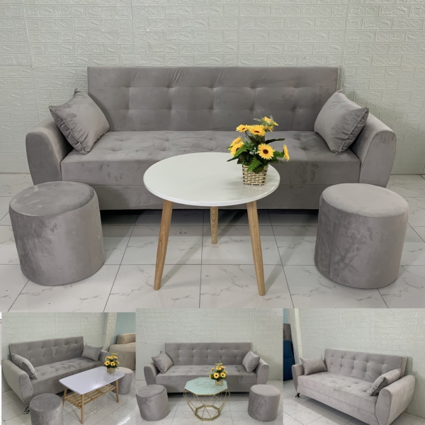 BỘ GHẾ SOFA BED TAY CONG MỚI MÀU XÁM NHUNG​​​​​​​ 