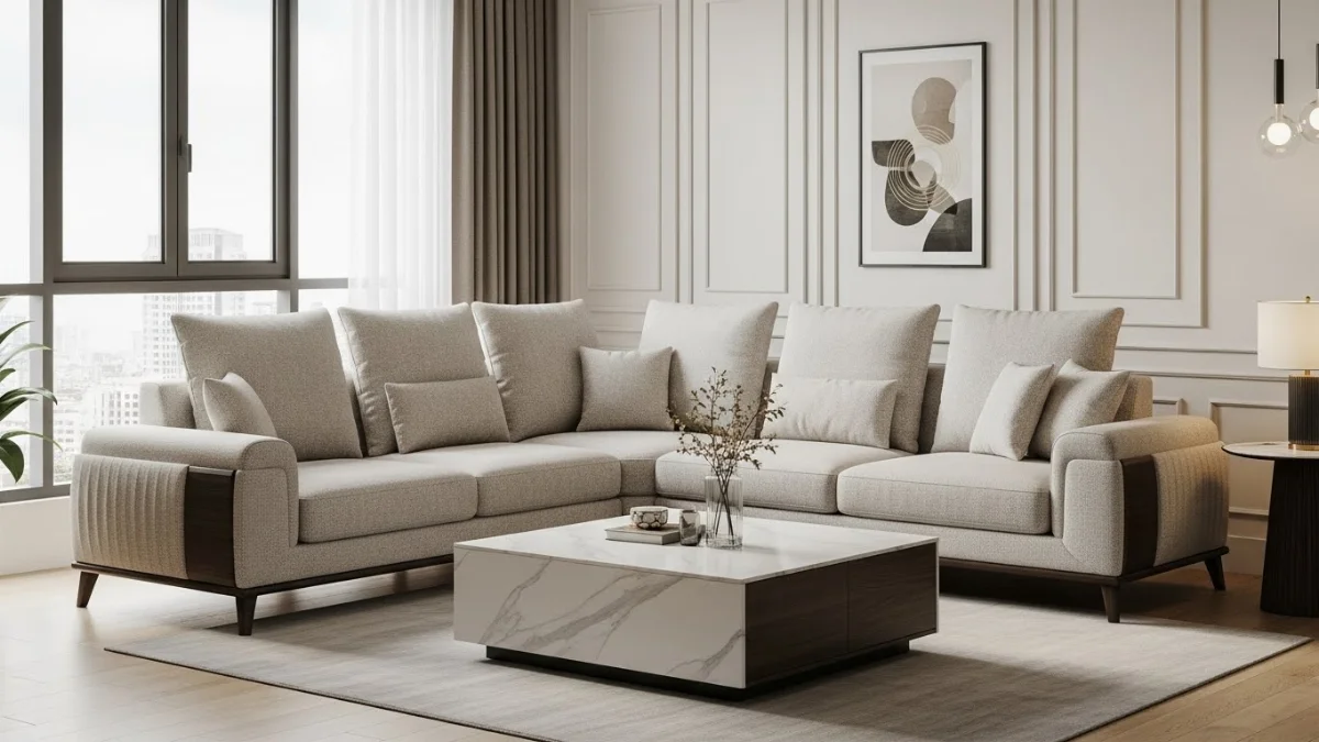 Sofa góc L bọc vải hiện đại, màu ghi xám sang trọng