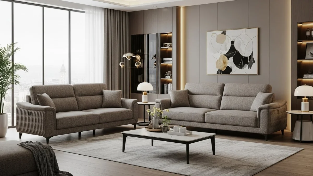 Phòng khách với sofa nguyên bộ, bàn trà và thảm hài hòa tạo không gian ấm cúng