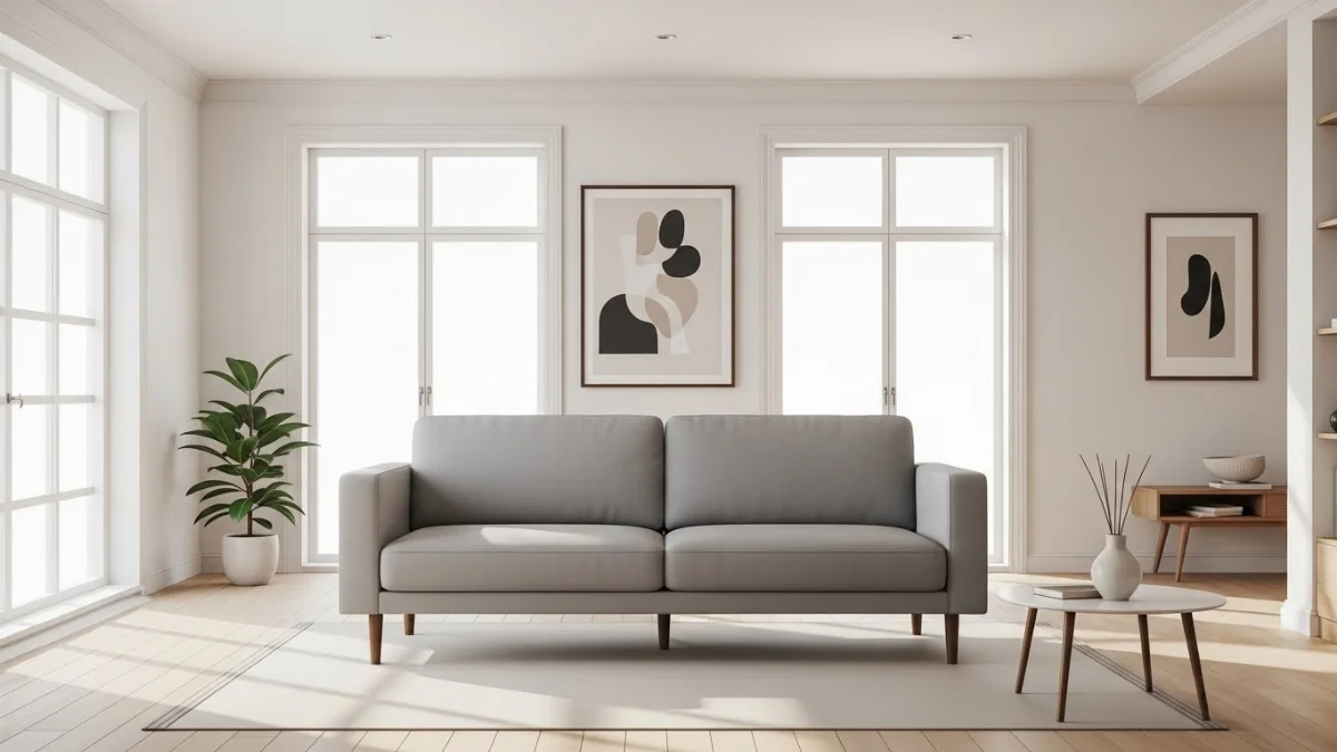 Ghế sofa góc L vải bọc màu kem phong cách hiện đại cho phòng khách rộng