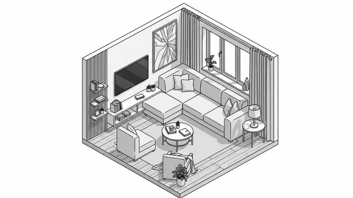 Phòng khách nhỏ với sofa góc L xanh pastel và bàn trà tròn