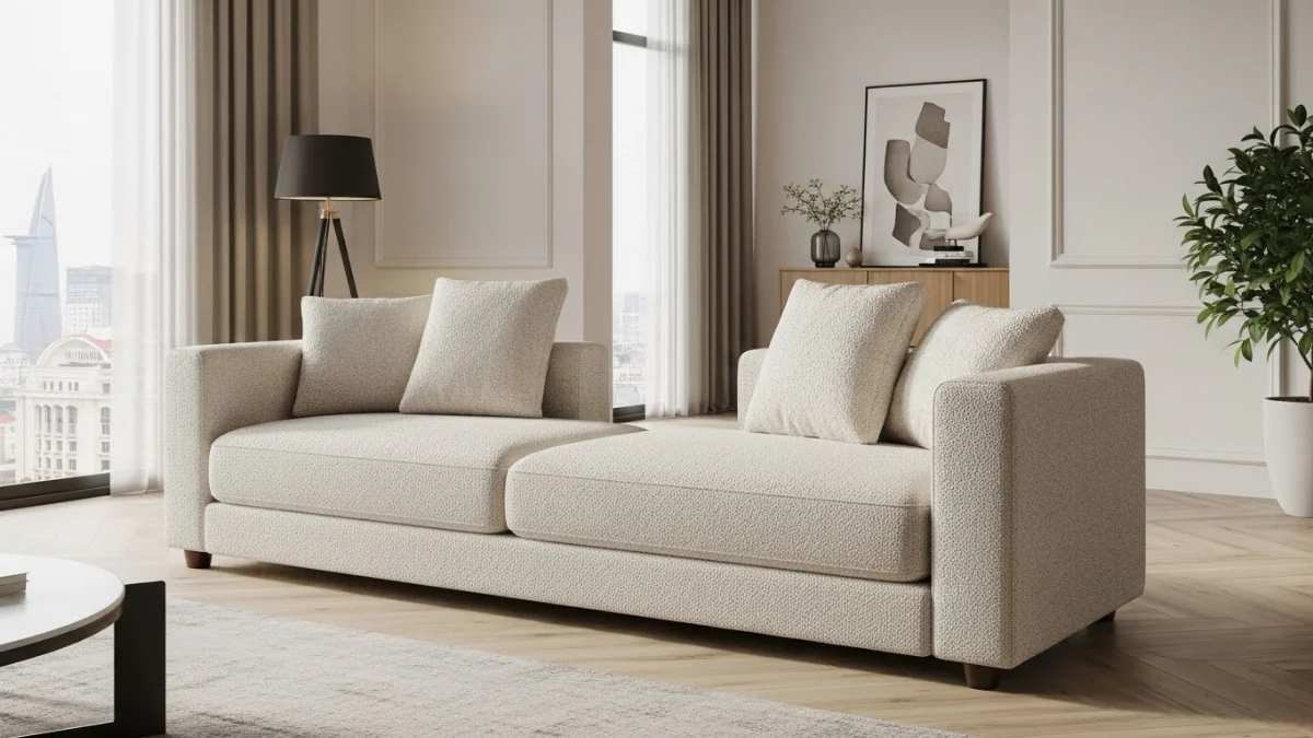 Sofa góc L hiện đại màu xám cho phòng khách nhỏ chung cư Hồ Chí Minh
