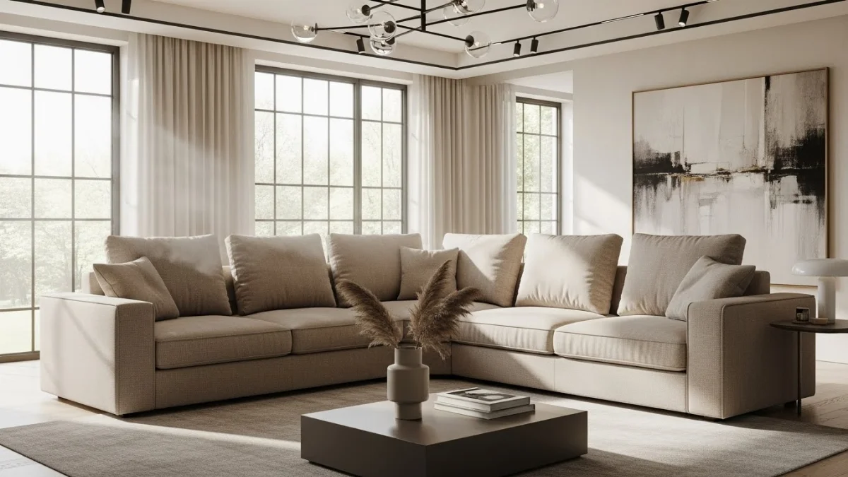 Sofa góc L bọc da nhập khẩu màu kem sang trọng