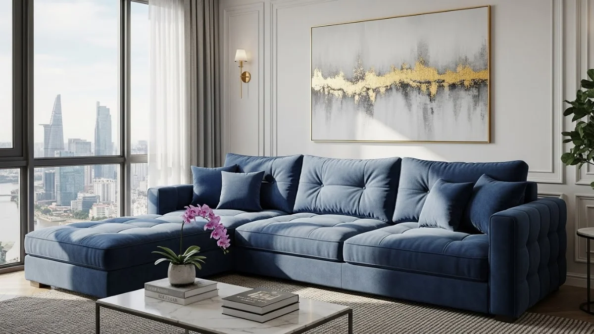 Sofa góc L hiện đại màu xám sang trọng cho phòng khách lớn