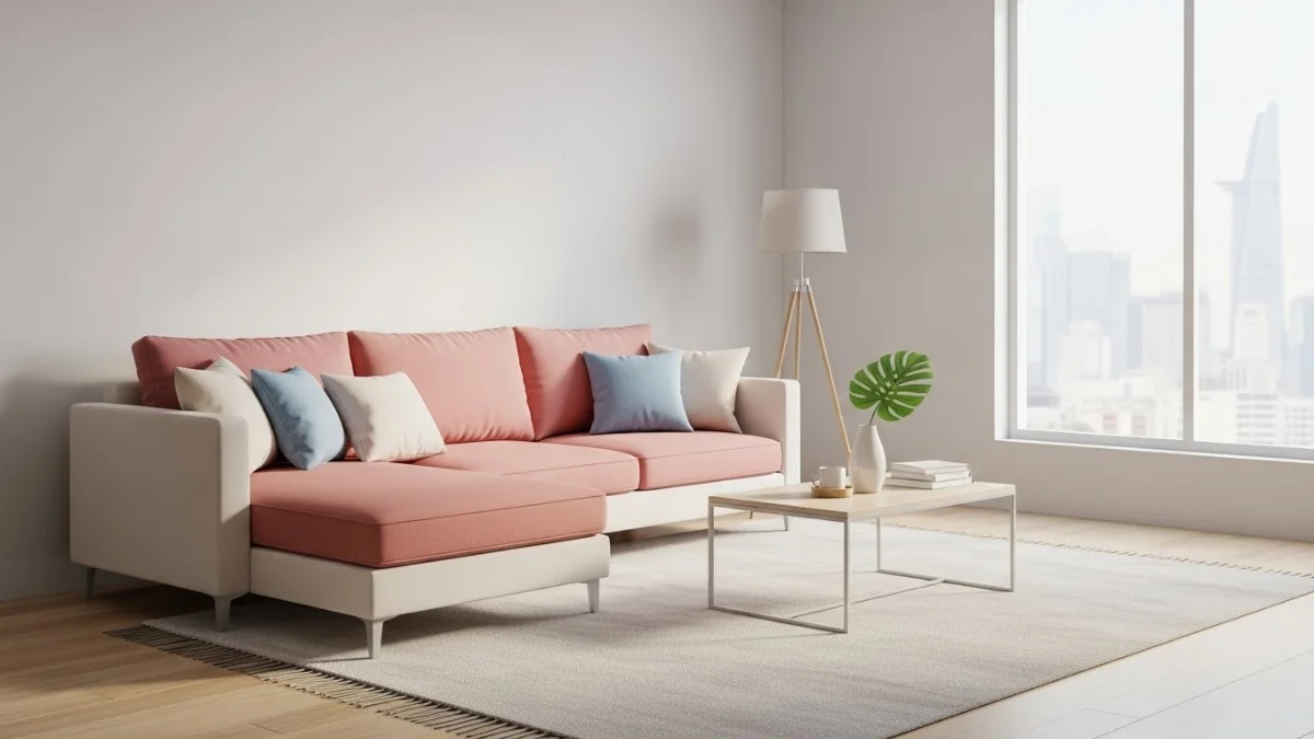 Gia đình trẻ đang thư giãn trên sofa góc L màu be ấm cúng