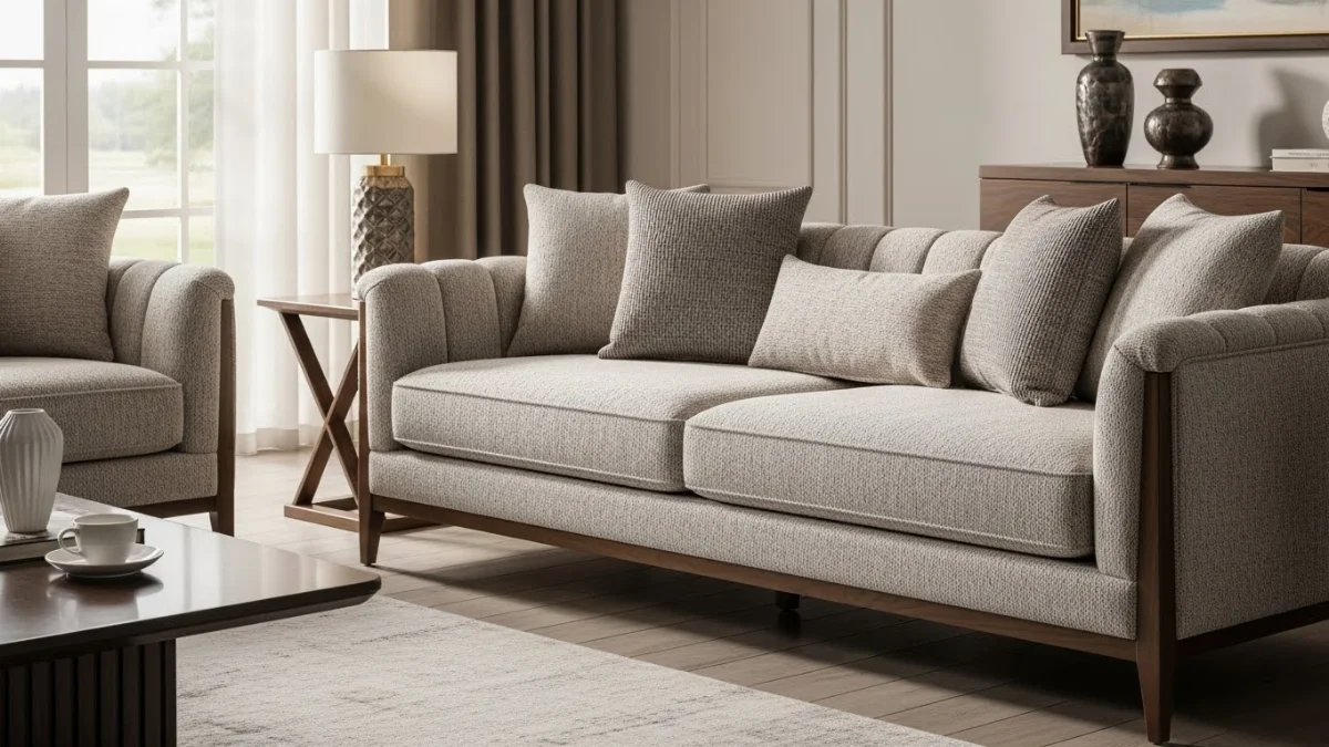 Bộ sofa tân cổ điển bọc da màu be sang trọng