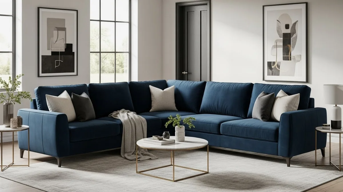 Sofa góc L phòng khách hiện đại bọc da màu xám sang trọng