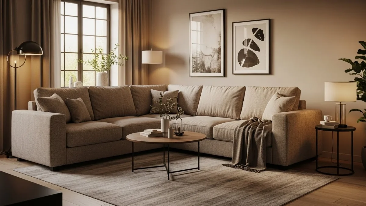 Sofa góc L hiện đại màu xám nhạt phù hợp căn hộ nhỏ