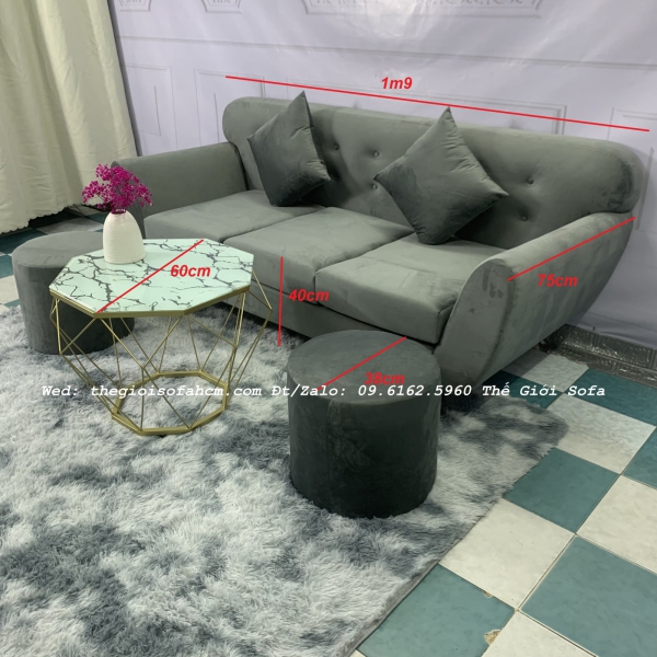 BỘ BÀN GHẾ SOFA BĂNG TAY CONG XÁM NHUNG MỚI​​​​​​​ 