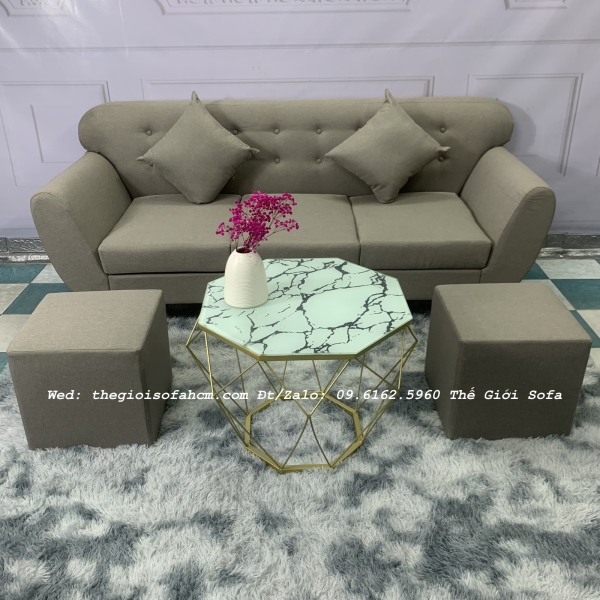 BỘ GHẾ SOFA BĂNG TAY CONG XÁM BE VẢI BỐ​​​​​​​ 