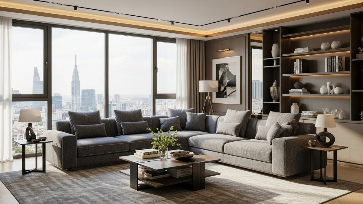 Sofa góc L hiện đại bọc vải xanh lá cây cho phòng khách