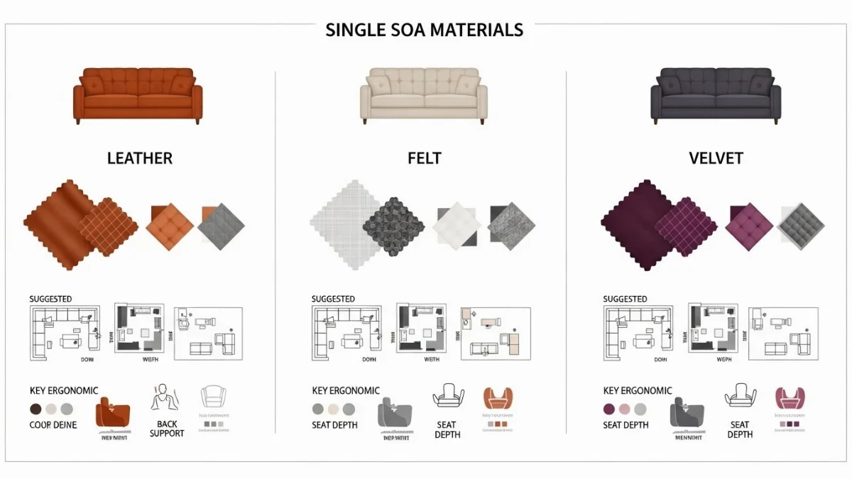 so sánh sofa đơn da, nỉ và nhung chi tiết