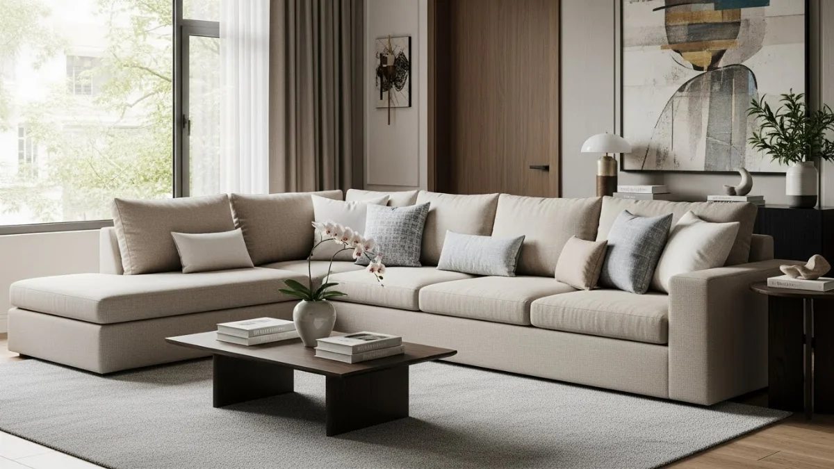 Sofa góc L hiện đại màu xám đặt sát tường, tối ưu không gian phòng khách