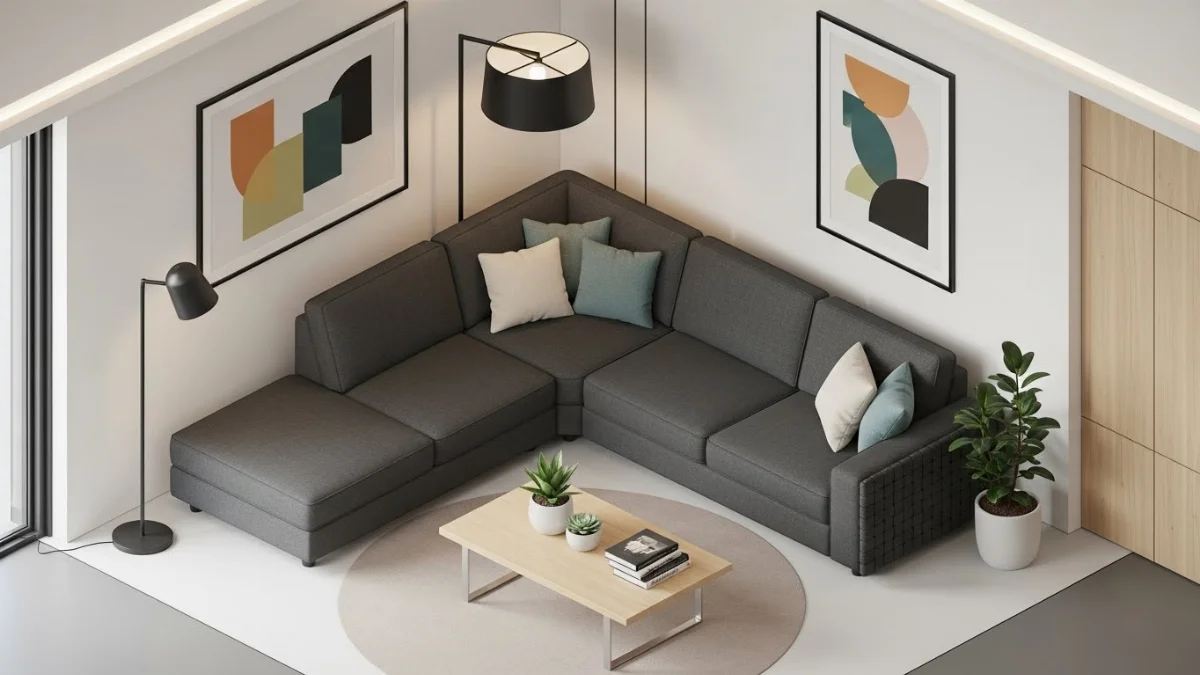 Sofa góc L nhỏ gọn bọc nỉ màu xám hiện đại cho chung cư