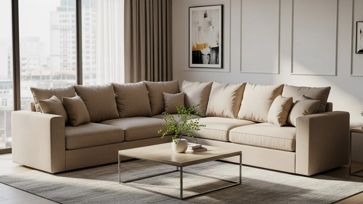 Sofa góc L giá rẻ bọc vải màu kem hiện đại cho căn hộ chung cư