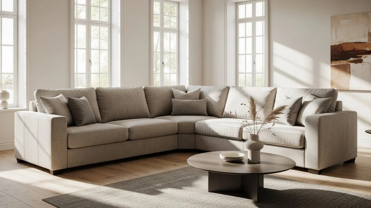 Sofa góc L giá rẻ bọc vải màu be hiện đại cho phòng khách nhỏ