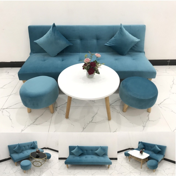 BỘ BÀN GHẾ SOFA BED MÀU XANH NHUNG​​​​​​​ 