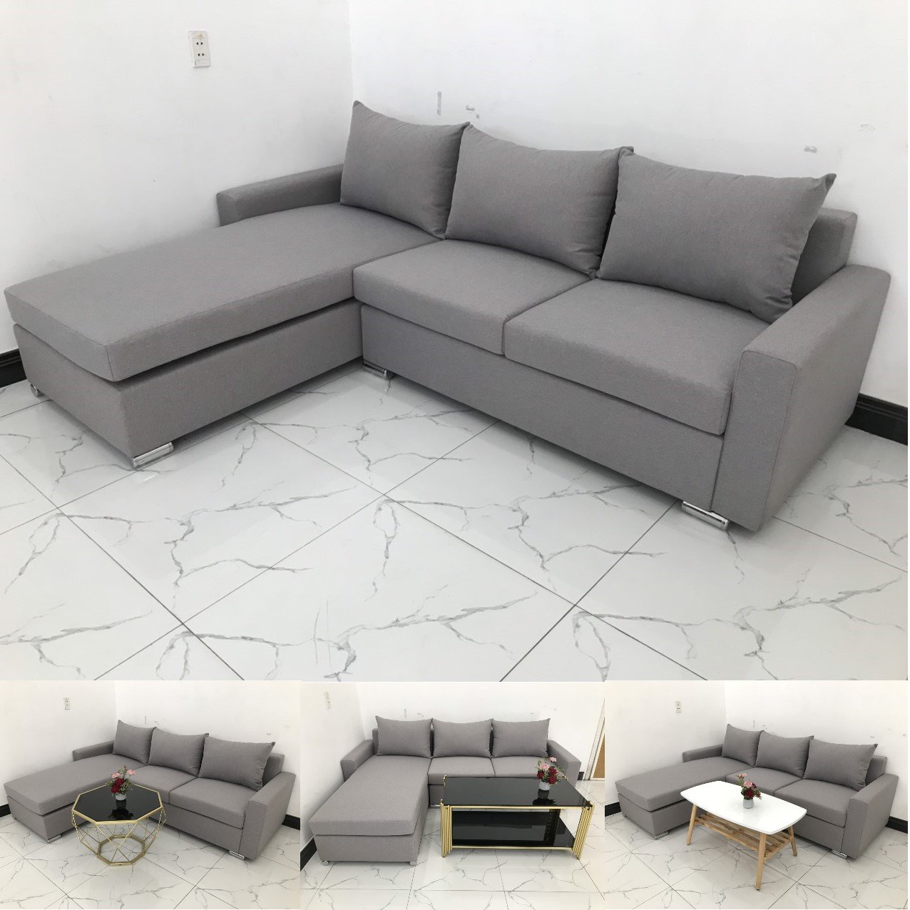GHẾ SOFA GÓC L 2m2 X 1m6 MÀU XÁM GHI TRẮNG​​​​​​​ 