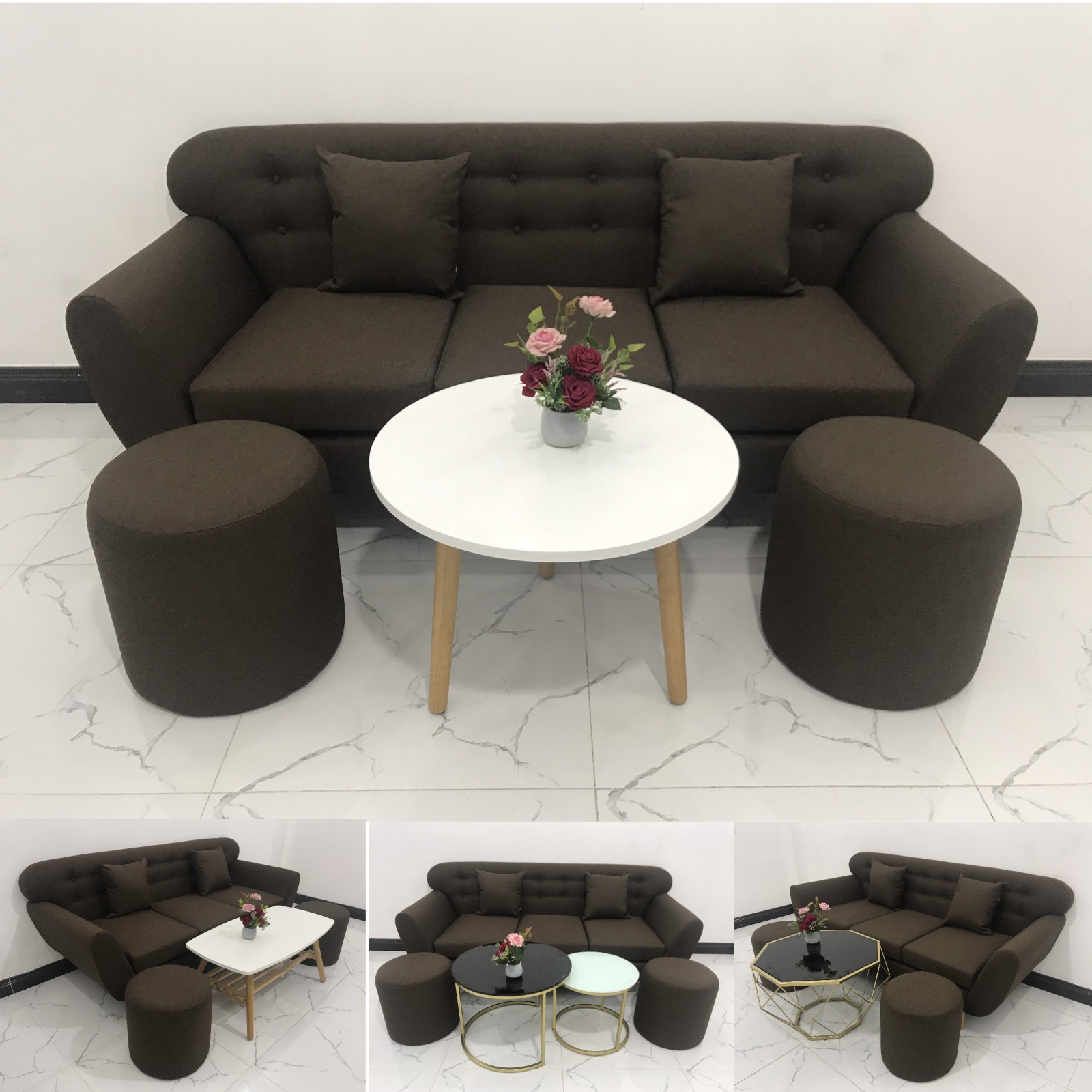 BỘ GHẾ SOFA BĂNG MÀU NÂU VẢI BỐ​​​​​​​ 