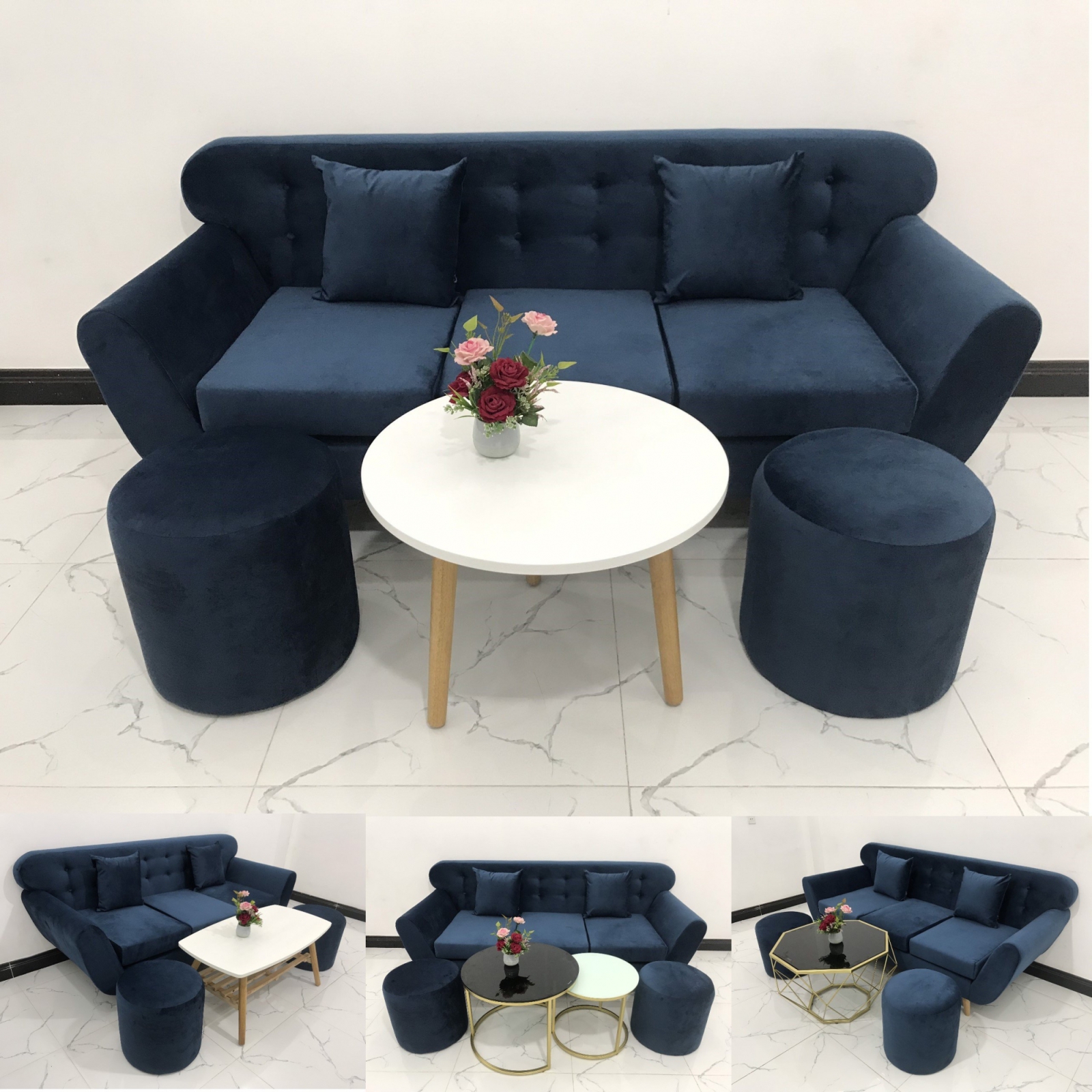 BỘ GHẾ SOFA BĂNG TAY CONG XANH NHUNG ĐẬM​​​​​​​ 