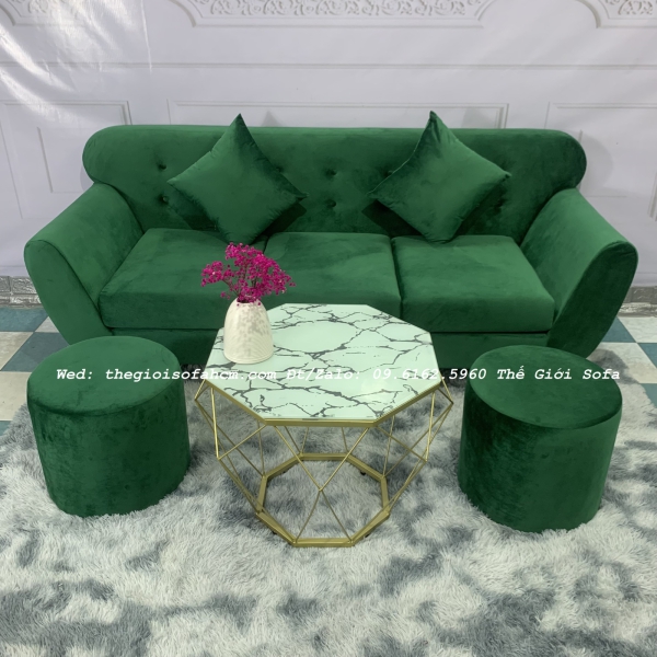 BỘ BÀN GHẾ SOFA BĂNG TAY CONG MÀU XANH RÊU VẢI NHUNG​​​​​​​ 
