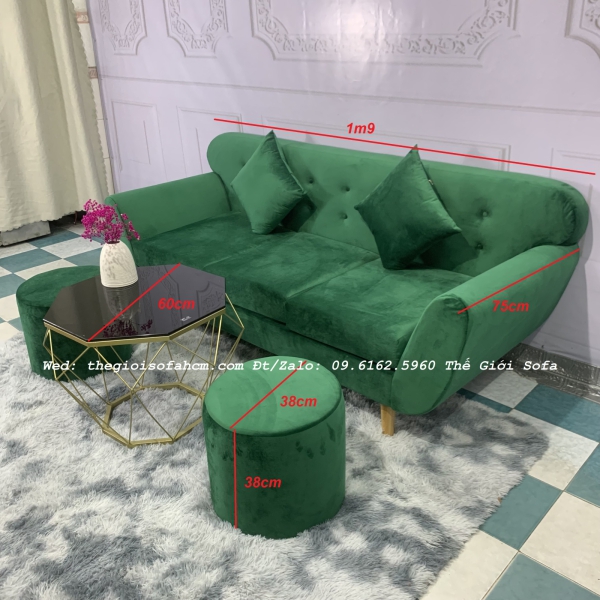 BỘ BÀN GHẾ SOFA BĂNG TAY CONG MÀU XANH RÊU VẢI NHUNG​​​​​​​ 