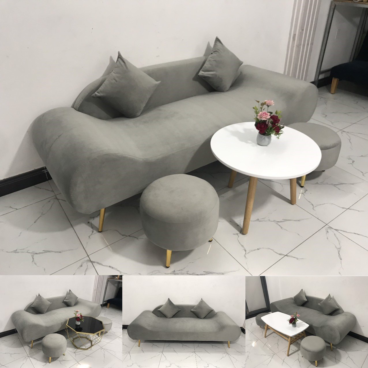 BỘ BÀN GHẾ SOFA BĂNG THUYỀN XÁM NHUNG​​​​​​​ 