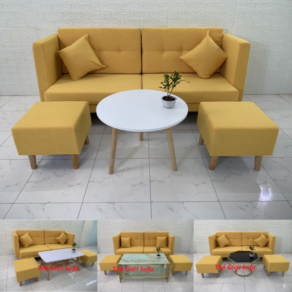 SOFA BĂNG NỆM RỜI MÀU VÀNG VẢI BỐ​​​​​​​ 