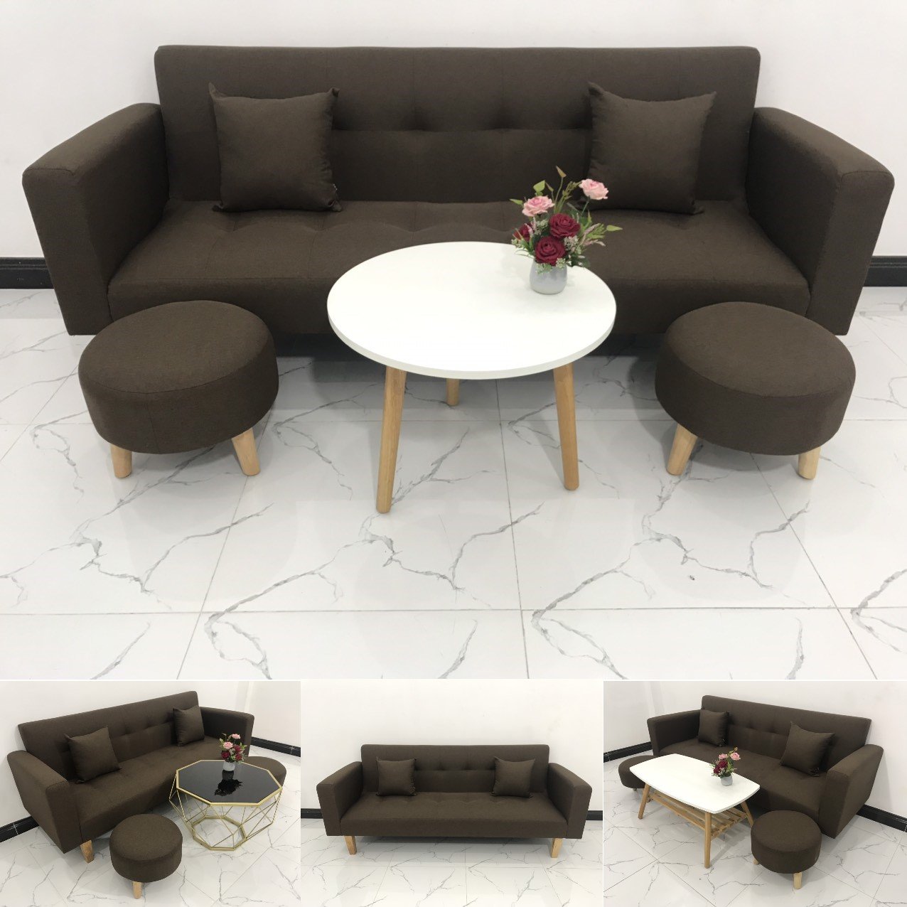 BỘ BÀN GHẾ SOFA BĂNG GIƯỜNG MÀU NÂU ĐẬM​​​​​​​ 