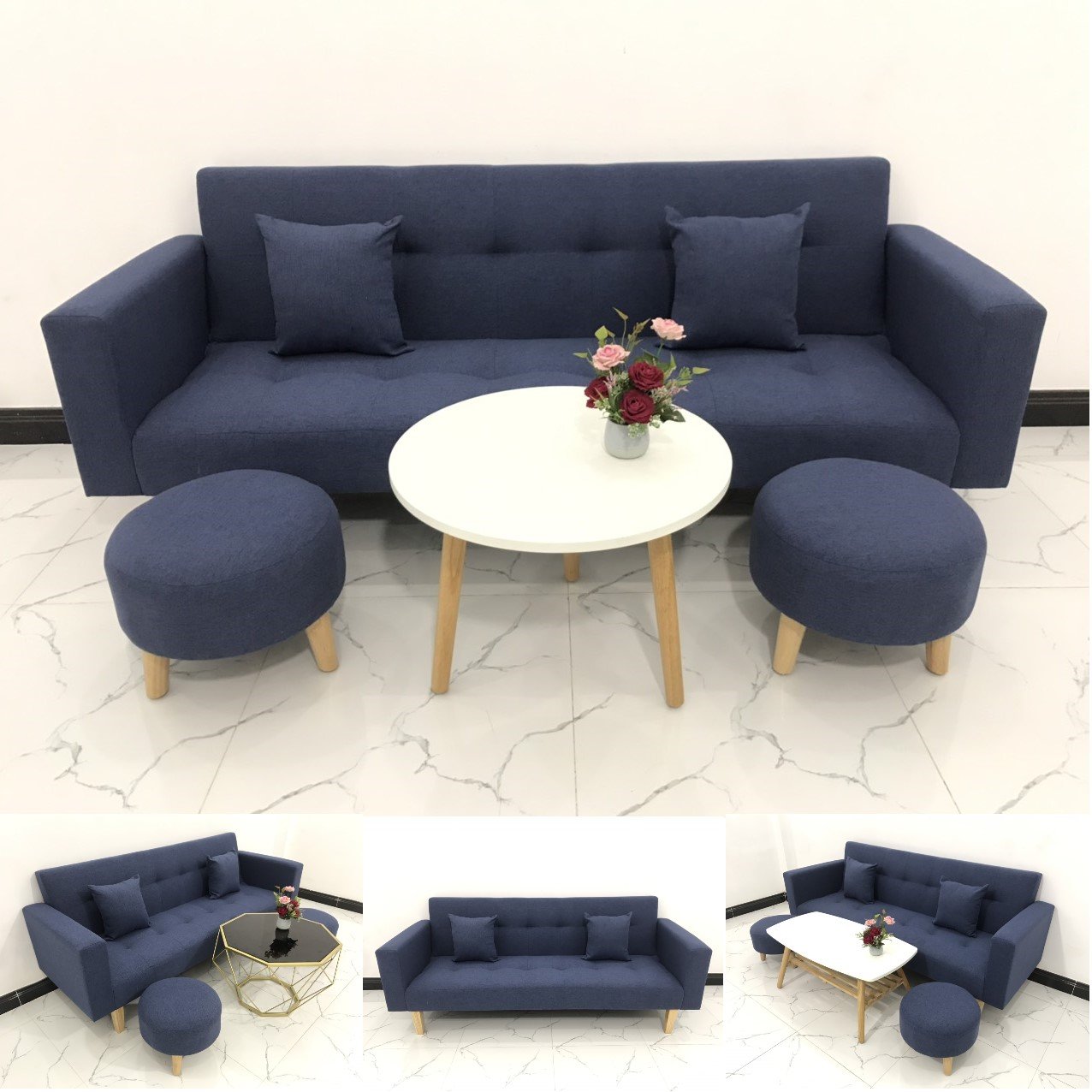 BỘ BÀN GHẾ SOFA BĂNG GIƯỜNG MÀU XANH DƯƠNG ĐẬM​​​​​​​ 
