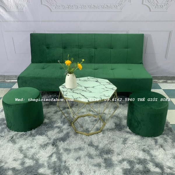 BỘ BÀN GHẾ SOFA BED XANH RÊU VẢI NHUNG GIÁ RẺ​​​​​​​ 