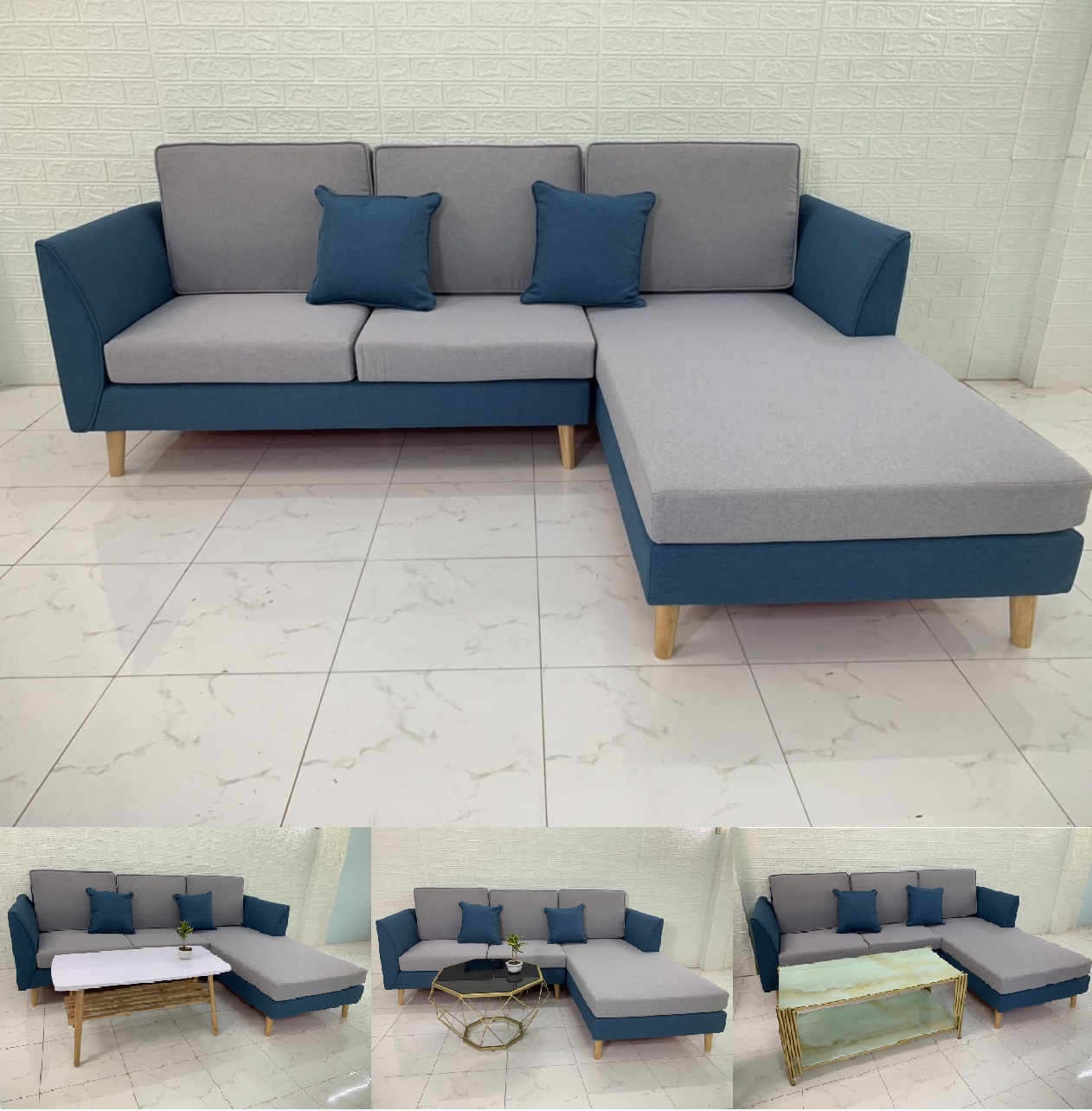 GHẾ SOFA GÓC L PHỐI 2 MÀU XANH XÁM​​​​​​​ 