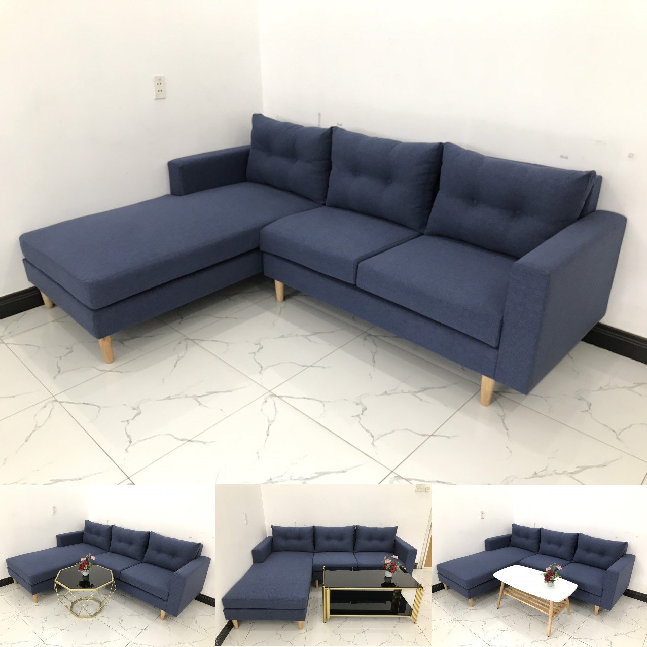 GHẾ SOFA GÓC L XANH ĐẬM VẢI BỐ CHẤM NÚT​​​​​​​ 