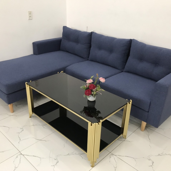 GHẾ SOFA GÓC L XANH ĐẬM VẢI BỐ CHẤM NÚT​​​​​​​ 
