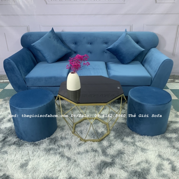 BỘ BÀN GHẾ SOFA BĂNG TAY CONG MỚI MÀU XANH NHUNG​​​​​​​ 