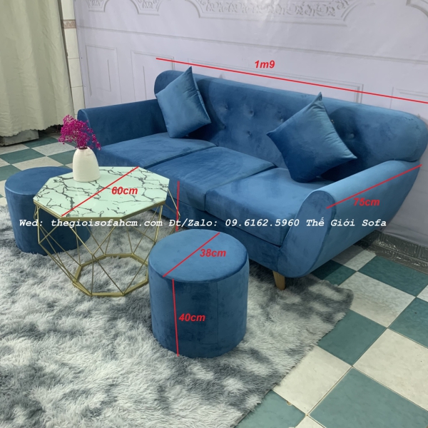 BỘ BÀN GHẾ SOFA BĂNG TAY CONG MỚI MÀU XANH NHUNG​​​​​​​ 