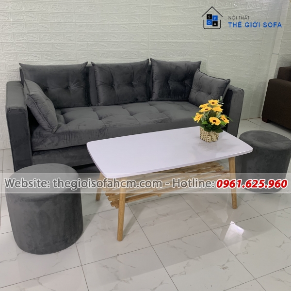 BỘ GHẾ SOFA BĂNG XÁM GHI ĐEN NHUNG GIẬT NÚT DÀI 1M9​​​​​​​ 