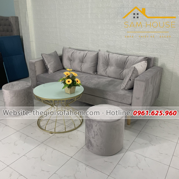 BỘ BÀN GHẾ SOFA BĂNG MÀU XÁM VẢI NHUNG GHẾ DAI 1M9​​​​​​​ 