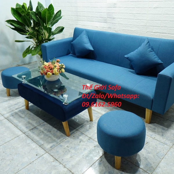 BỘ BÀN GHẾ SOFA BED CÓ TAY VỊN MÀU XANH DƯƠNG​​​​​​​ 