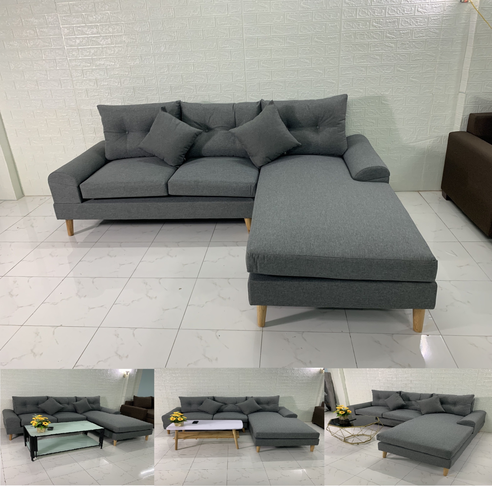 GHẾ SOFA GÓC L XÁM GHI ĐEN KIỂU TAY VỊN THẤP GỐI ĐẦU​​​​​​​ 