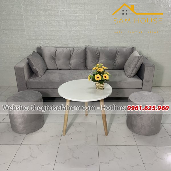 BỘ BÀN GHẾ SOFA BĂNG MÀU XÁM VẢI NHUNG GHẾ DAI 1M9​​​​​​​ 