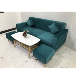 BỘ BÀN GHẾ SOFA BĂNG VUÔNG XANH NHUNG CỔ VỊT NỆM RỜI GHẾ DÀI 1M9